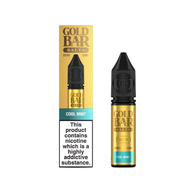 Gold Bar Cool Mint Nic Salt 10ml e-liquid bottle, 50/50 VG/PG, available in 10mg and 20mg strengths