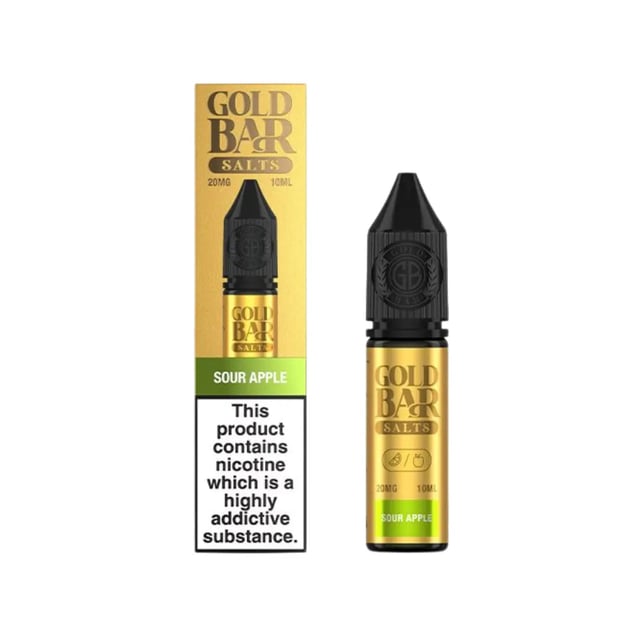 Gold Bar Sour Apple nic salt e-liquid, 10ml bottle, 10mg and 20mg strengths, 50/50 VG/PG