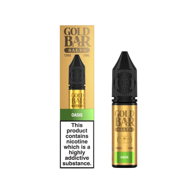 Gold Bar Oasis Nic Salt 10ml e-liquid bottle, 50/50 VG/PG, available in 10mg and 20mg strengths