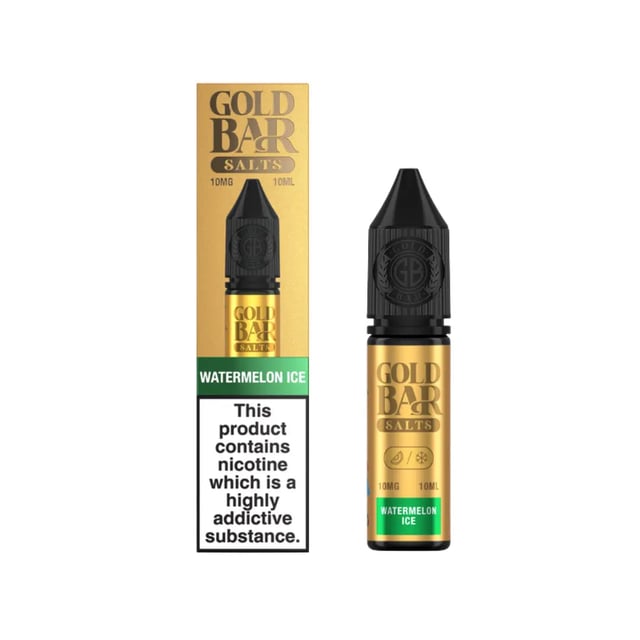 Gold Bar Watermelon Ice Nic Salt 10ml e-liquid bottle, available in 10mg and 20mg strengths