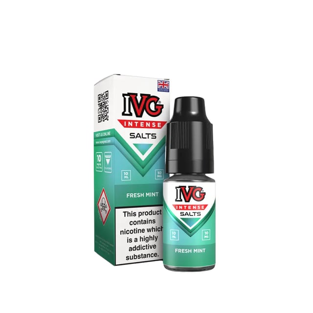 IVG Intense Fresh Mint 10ml nic salt e-liquid bottle shown with 10mg and 20mg strength options