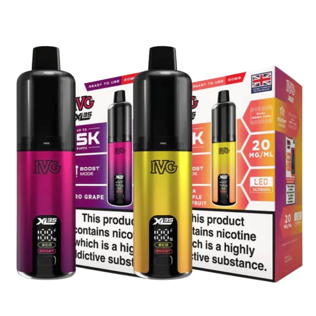 IVG XL 35K prefilled pod kit device showing the rechargeable battery base and prefilled pod stack