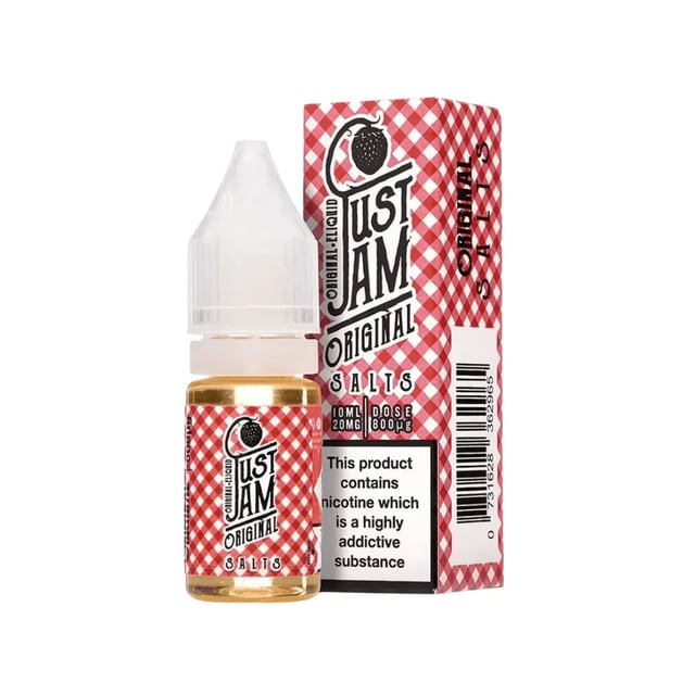 Just Jam Original 10ml nic salt e-liquid bottle, strawberry jam flavour, available in 10mg and 20mg