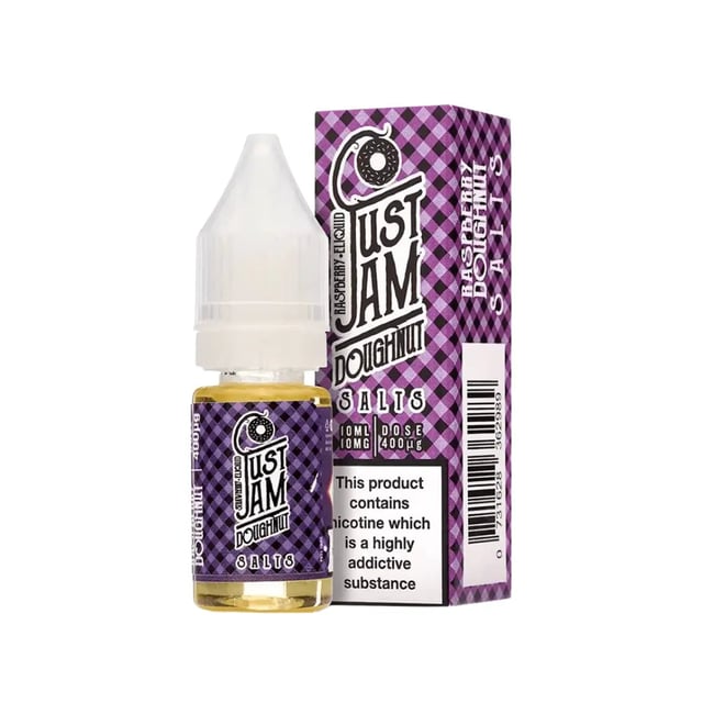 Just Jam Raspberry Doughnut nic salt e-liquid, 10ml bottle, 50/50 VG/PG, available in 10mg and 20mg strengths