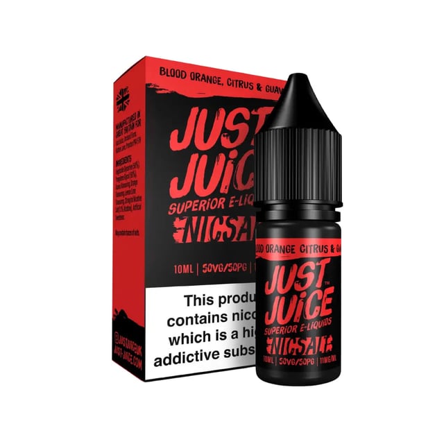 Just Juice Blood Orange, Citrus & Guava nic salt 10ml bottle, available in 11mg and 20mg strengths