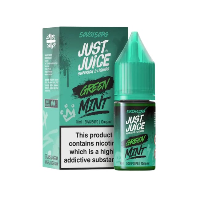Just Juice Green Mint nic salt e-liquid, 10ml bottle, 50/50 VG/PG, available in 10mg and 20mg