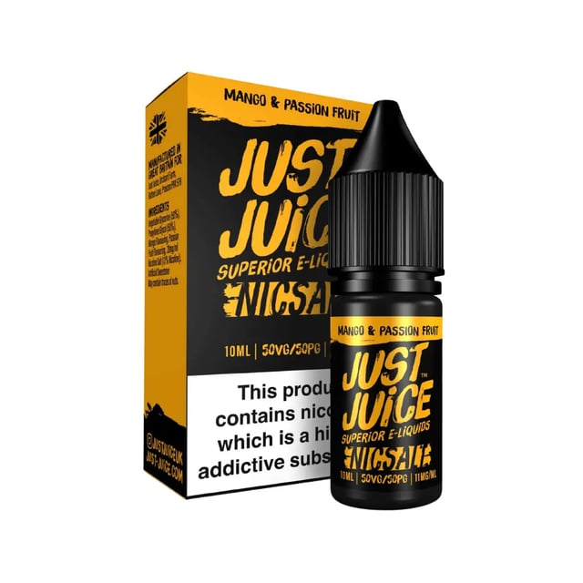 Just Juice Mango & Passion Fruit nic salt 10ml bottle, 50/50 e-liquid available in 11mg and 20mg