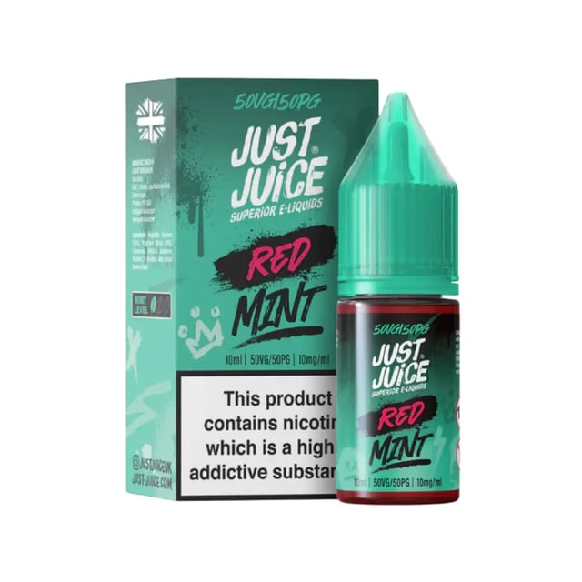 Just Juice Red Mint nic salt e-liquid, 10ml bottle, 50/50 VG/PG, available in 10mg and 20mg strengths