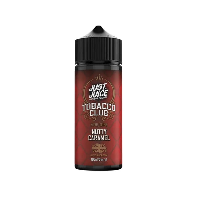 Just Juice Tobacco Club Nutty Caramel 100ml shortfill e-liquid bottle, nicotine free 0mg vape juice