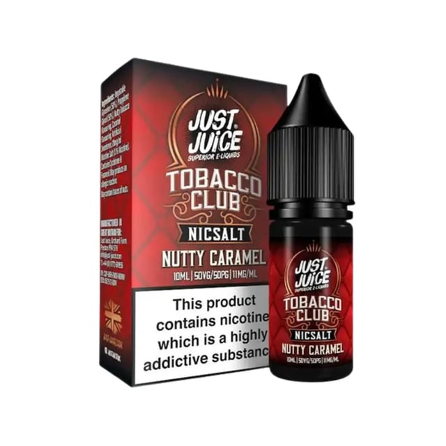 Just Juice Nutty Caramel Tobacco Club nic salt 10ml bottle, available in 5mg, 11mg and 20mg strengths