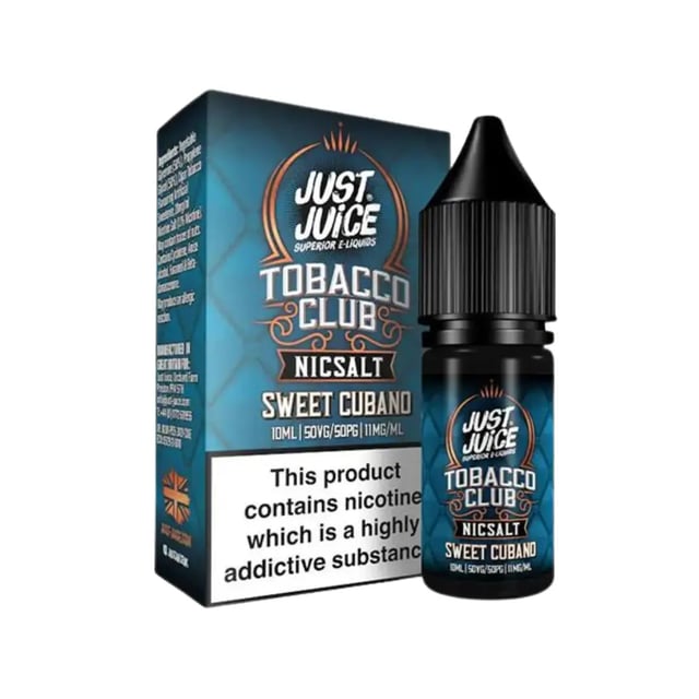 Just Juice Tobacco Club Sweet Cubano Tobacco nic salt 10ml bottle, 11mg and 20mg strengths