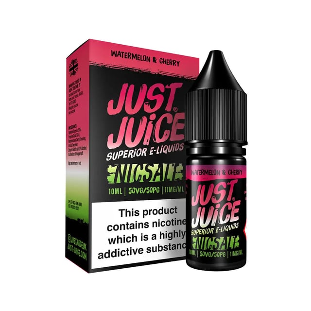 Just Juice Watermelon & Cherry nic salt e-liquid, 10ml bottle, 50/50 VG/PG, 11mg and 20mg strengths