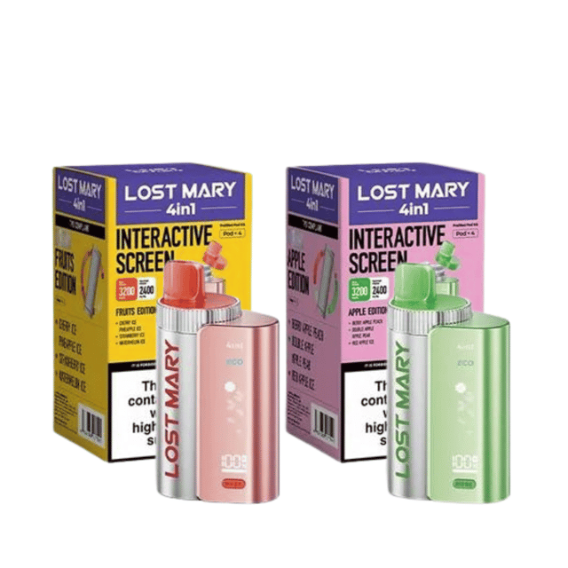Lost Mary 4-in-1 prefilled pod vape kit showing four sealed flavour pods and OLED display