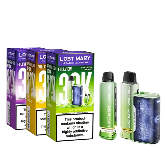 Lost Mary Nera 30K Fullview prefilled pod kit shown with its twin refill sets and curved LED display
