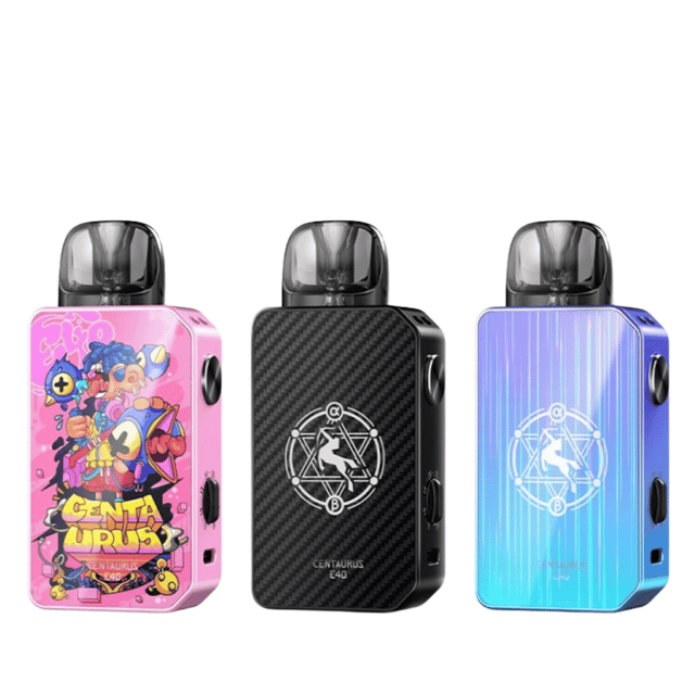 Lost Vape Centaurus E40 refillable pod vape kit shown in colour options with pods and USB-C charging port