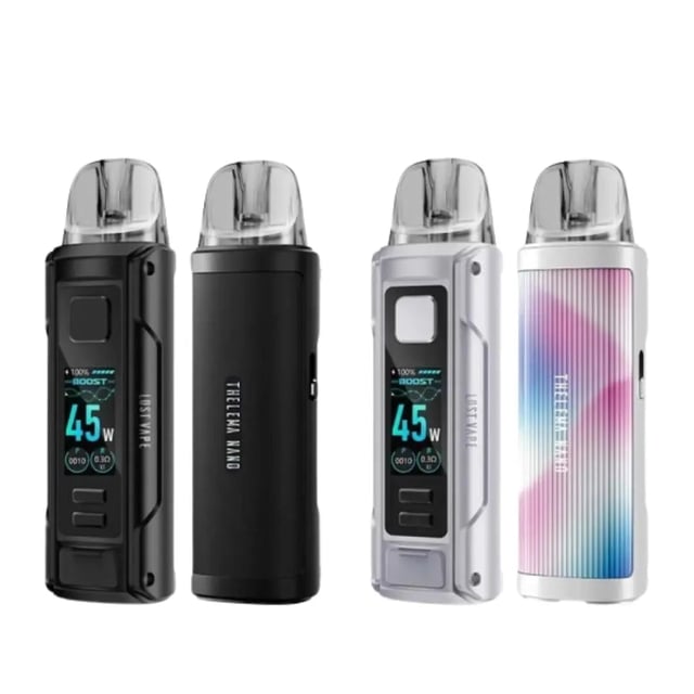 Lost Vape Thelema Nano 1500mAh refillable pod kit shown with E-Plus pod and USB-C cable