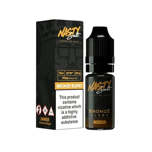 Nasty Salt Reborn Bronze Blend 10ml nic salt e-liquid bottle shown with 10mg and 20mg strength options