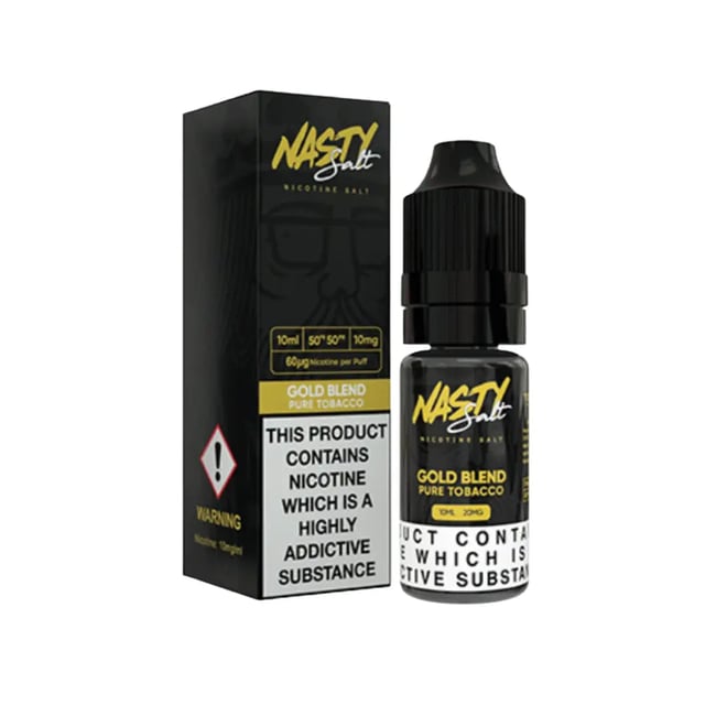 Nasty Salt Reborn Gold Blend 10ml nic salt e-liquid bottle, tobacco and almond flavour, 10mg and 20mg strengths