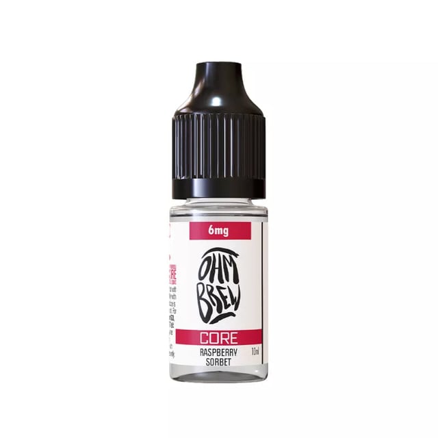 Ohm Brew Core Raspberry Sorbet 10ml e-liquid bottle, 50/50 freebase in 3mg, 6mg, 12mg and 18mg strengths