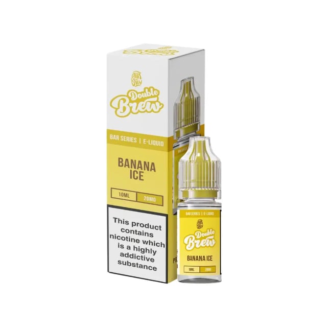 Ohm Brew Double Brew Banana Ice nic salt e-liquid 10ml bottle shown with 5mg, 10mg and 20mg strengths