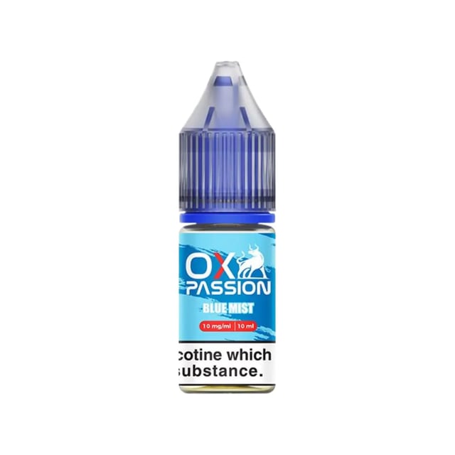 OX Passion Blue Mist nic salt e-liquid 10ml bottle, 50/50 MTL vape juice in 10mg and 20mg strengths