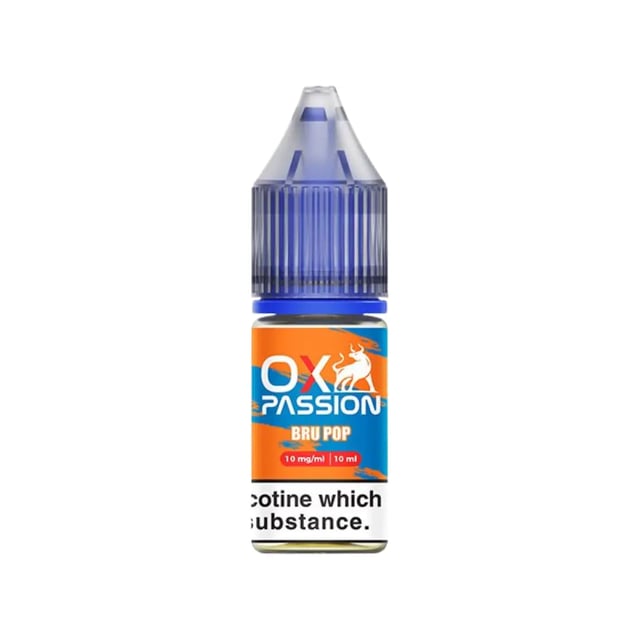 OX Passion Bru Pop nic salt e-liquid, 10ml bottle, orange fizzy soda flavour, 10mg and 20mg strengths