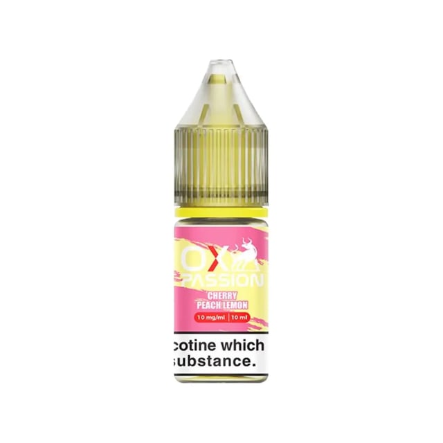 OX Passion Cherry Peach Lemon nic salt 10ml e-liquid bottle, 10mg and 20mg strengths, 50/50 VG/PG for MTL pod kits