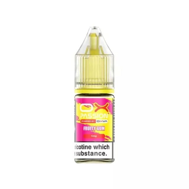 OX Passion Fruity Gum 10ml nic salt e-liquid bottle, 50/50 VG/PG, available in 5mg, 10mg and 20mg