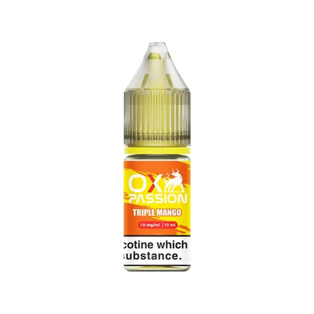 OX Passion Triple Mango nic salt 10ml e-liquid bottle, 10mg and 20mg strengths, for MTL pod kits