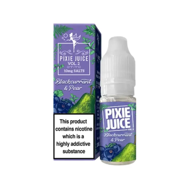 Pixie Juice Blackcurrant & Pear nic salt e-liquid, 10ml bottle, available in 10mg and 20mg strengths