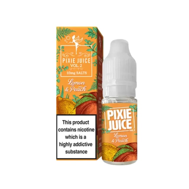 Pixie Juice Lemon & Peach nic salt e-liquid, 10ml bottle, 50/50 VG/PG, available in 10mg and 20mg