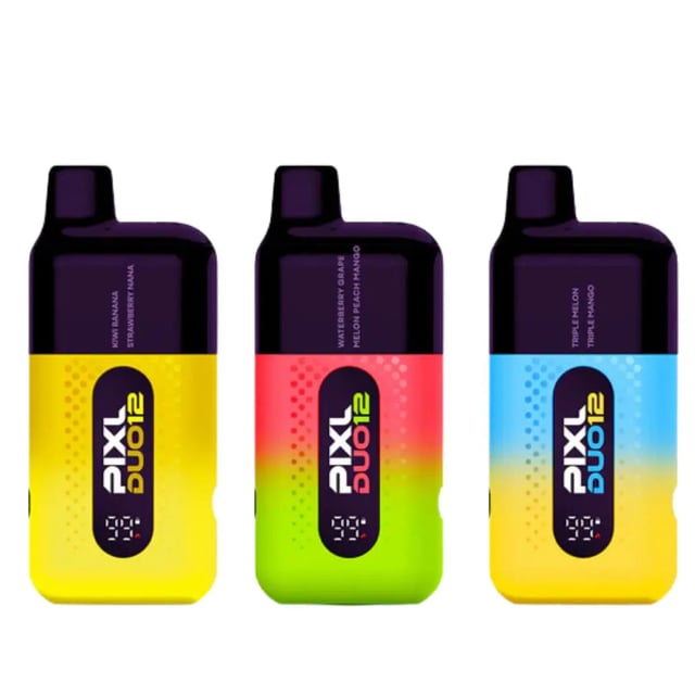 PIXL Duo 12 prefilled pod kit device showing dual flavour pods and display screen