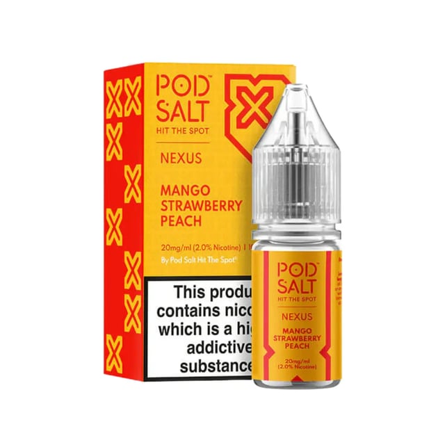 Pod Salt Nexus Mango Strawberry Peach nic salt e-liquid, 10ml bottle, 10mg and 20mg strengths