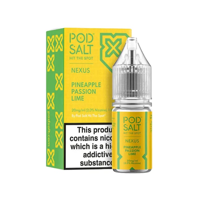 Pod Salt Nexus Pineapple Passion Lime nic salt e-liquid, 10ml bottle, 10mg and 20mg strengths
