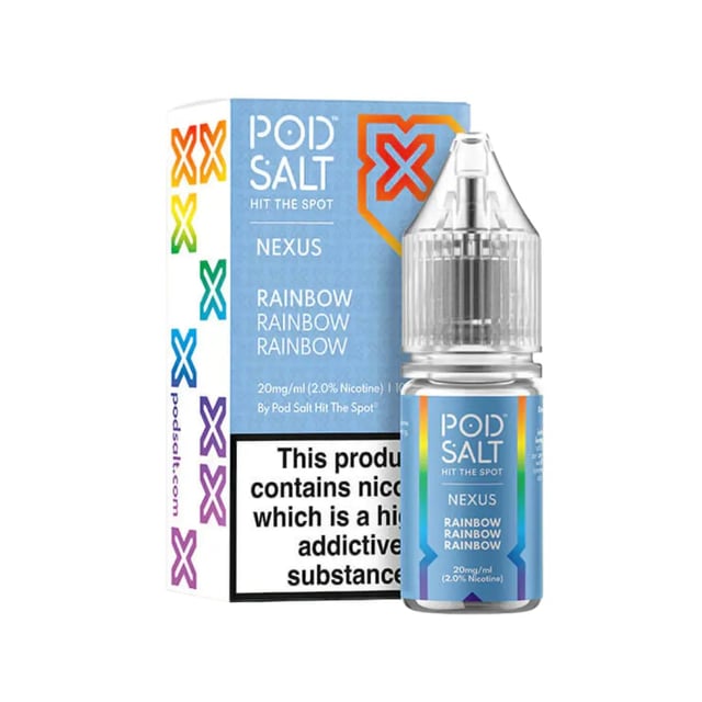 Pod Salt Nexus Rainbow nic salt e-liquid 10ml bottle shown in 10mg and 20mg strengths