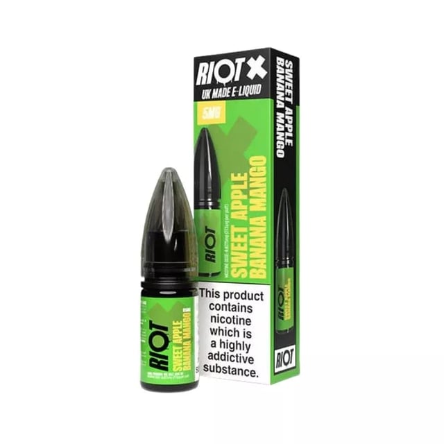 Riot X Sweet Apple Banana Mango nic salt, 10ml bottle, 50/50 VG/PG, available in 10mg and 20mg strengths