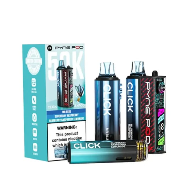 Pyne Pod Click 50K prefilled pod kit by Pyne Pod, shown with device and three flavour pods