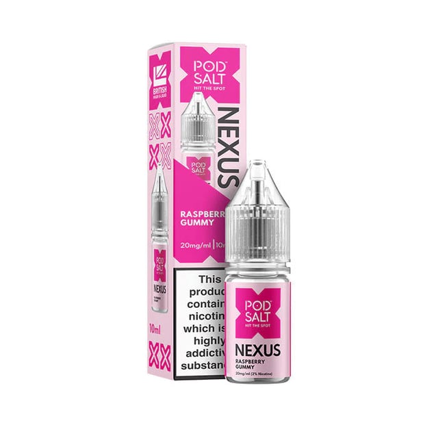 Pod Salt Nexus Raspberry Gummy nic salt e-liquid, 10ml bottle, available in 5mg, 10mg and 20mg