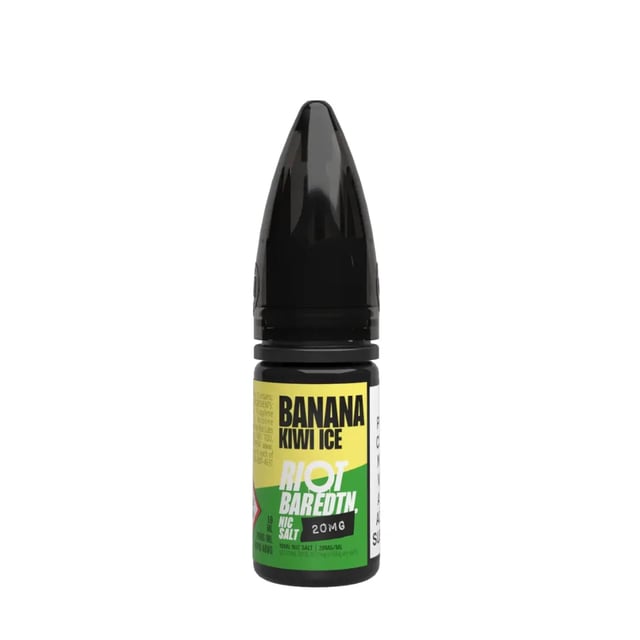 Riot Squad Bar Edition Banana Kiwi Ice nic salt 10ml bottle, shown in 10mg and 20mg strengths