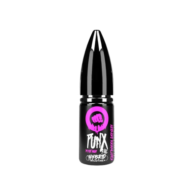 Riot Squad PUNX Raspberry Grenade nic salt 10ml bottle shown in 10mg and 20mg strengths
