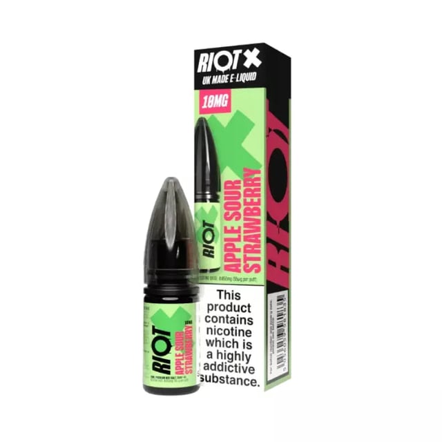 Riot X Apple Sour Strawberry nic salt e-liquid, 10ml bottle, 50/50 VG/PG, available in 10mg and 20mg