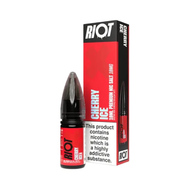 Riot X Cherry Ice nic salt 10ml e-liquid bottle, 50/50 VG/PG, 10mg and 20mg strengths