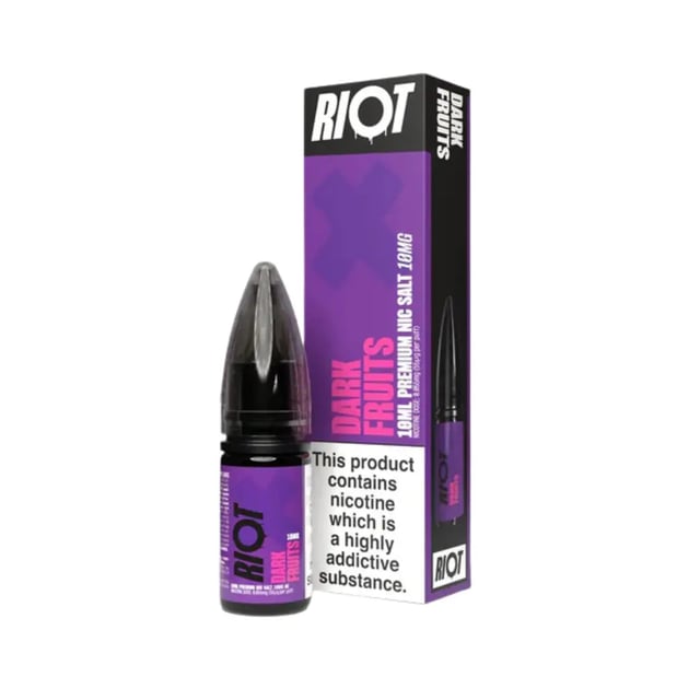 Riot X Dark Fruits Nic Salt 10ml e-liquid bottle, 50/50 VG/PG, available in 10mg and 20mg strengths