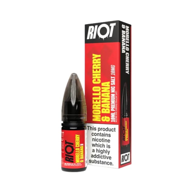 Riot X Morello Cherry & Banana nic salt 10ml bottle, 50/50 VG/PG, available in 10mg and 20mg strengths