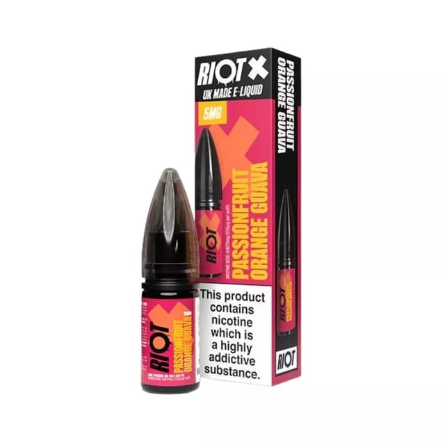 Riot X Passionfruit Orange Guava nic salt e-liquid, 10ml bottle, 10mg and 20mg, 50/50 VG/PG for pod kits