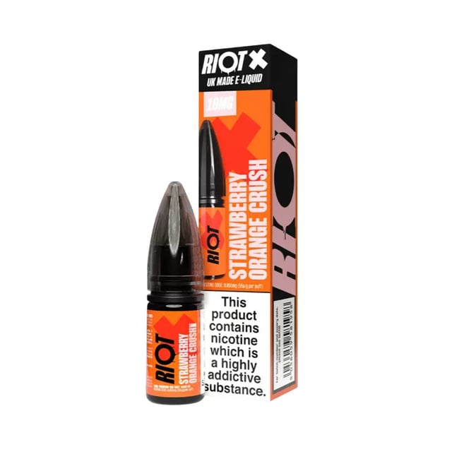 Riot X Strawberry Orange Crush nic salt 10ml e-liquid bottle, available in 10mg and 20mg strengths