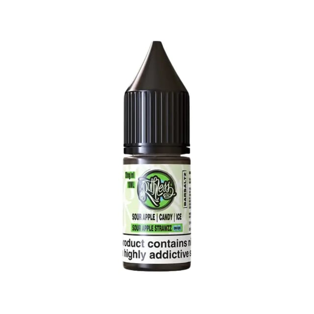 Ruthless Bar Saltz Sour Apple Strawzz On Ice 10ml nic salt e-liquid bottle, 10mg and 20mg strengths