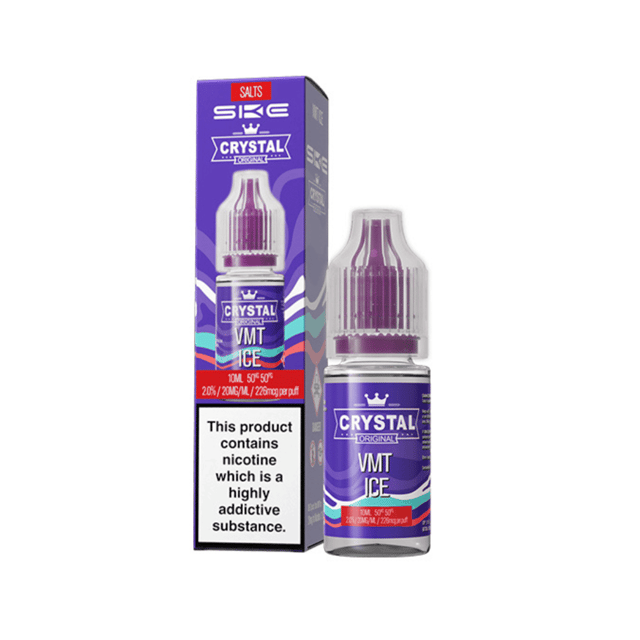 SKE Crystal Vmt Ice 10ml nic salt e-liquid bottle shown in 10mg and 20mg strengths