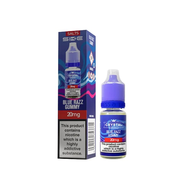 SKE Crystal Blue Razz Gummy nic salt e-liquid, 10ml bottle, shown in 10mg and 20mg strengths