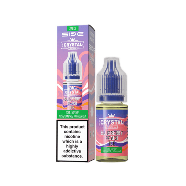 SKE Crystal Blueberry Peach Ice nic salt e-liquid, 10ml bottle, 10mg and 20mg strengths